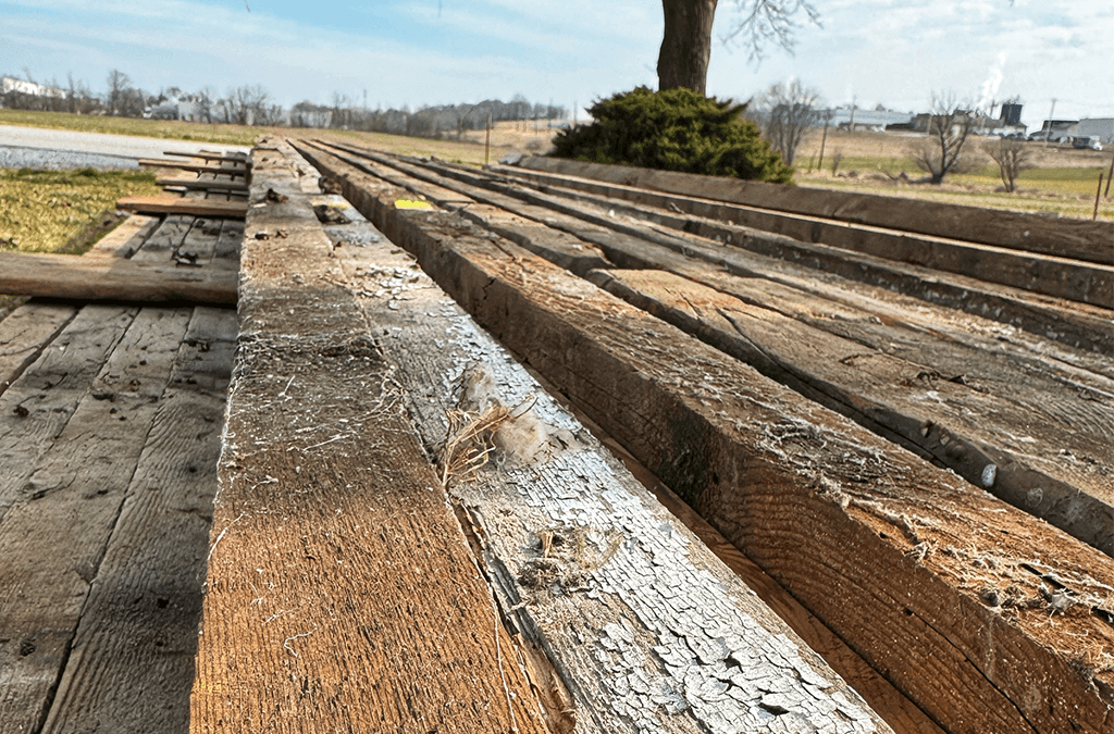 Sustainable wood beams sit outside on a sunny day.