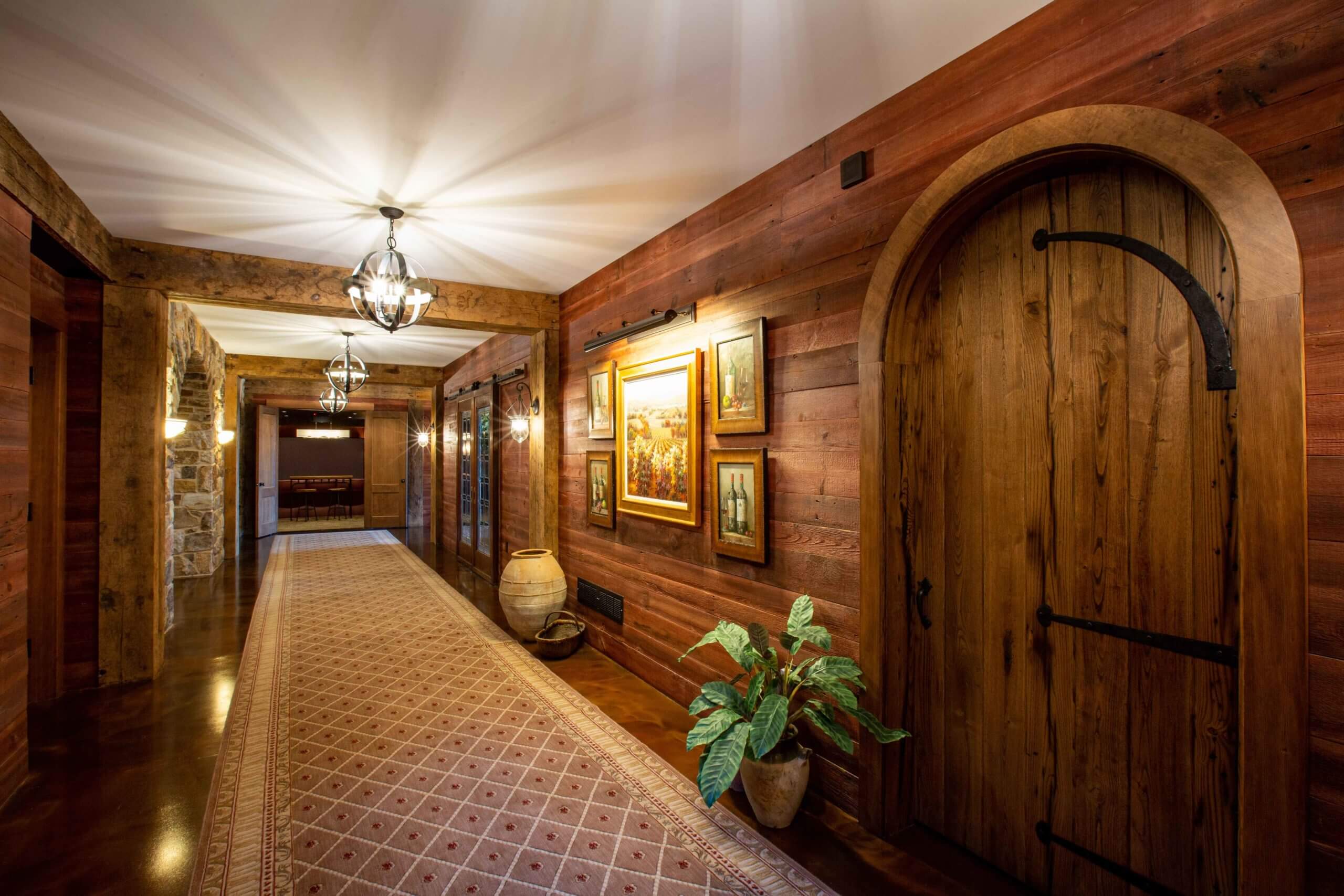 reclaimed wood wall paneling in a hallway